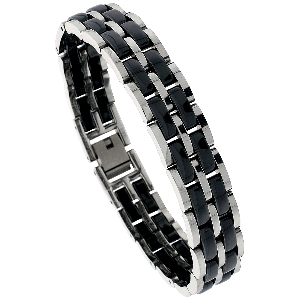 Stainless Steel 2-Tone Magnetic Bar Link Bracelet For Men, 1/2 inch wide