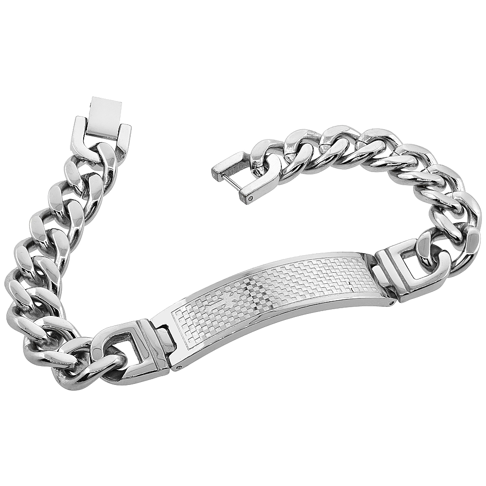 Stainless Steel Curb Link Cross ID Bracelet Checkered Pattern Design 1/2 inch wide 8.5 &amp; 9 inches long