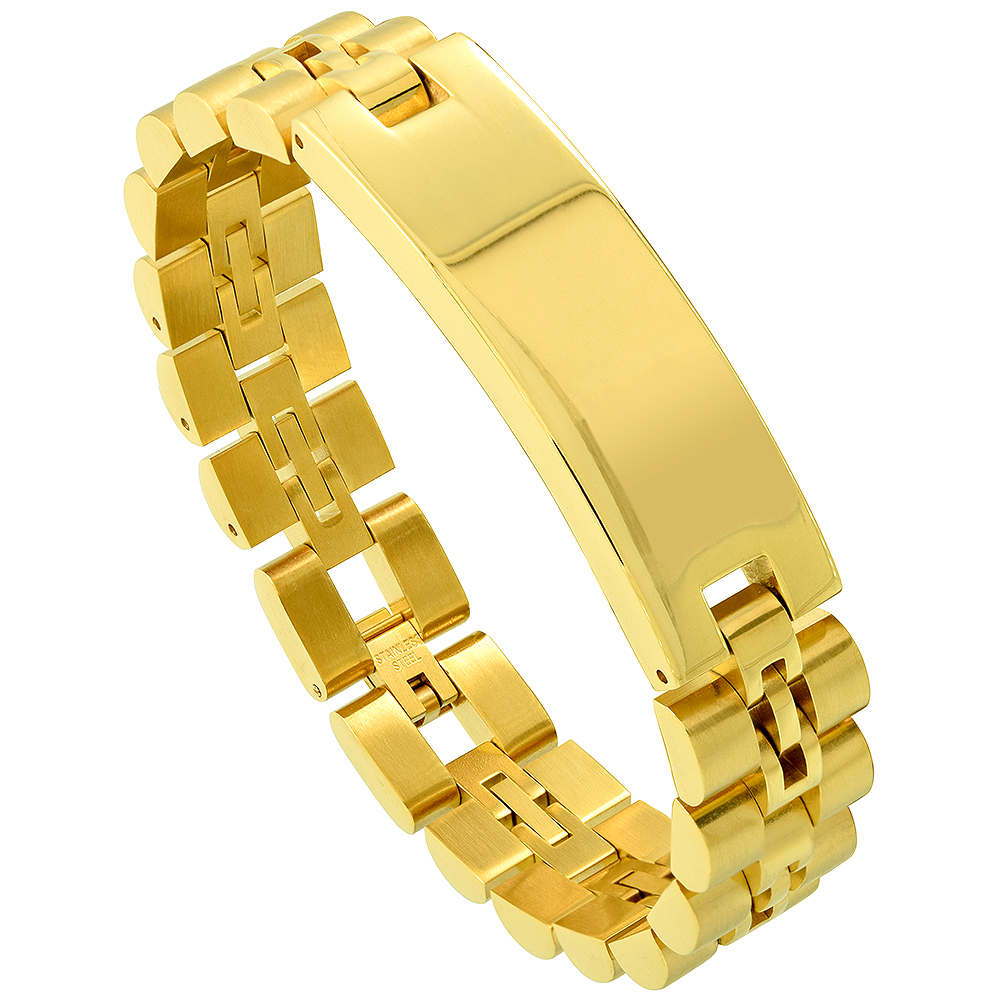 Stainless Steel Watch Band Identification Bracelet for Men Yellow Gold Plated, 8.25 inch long