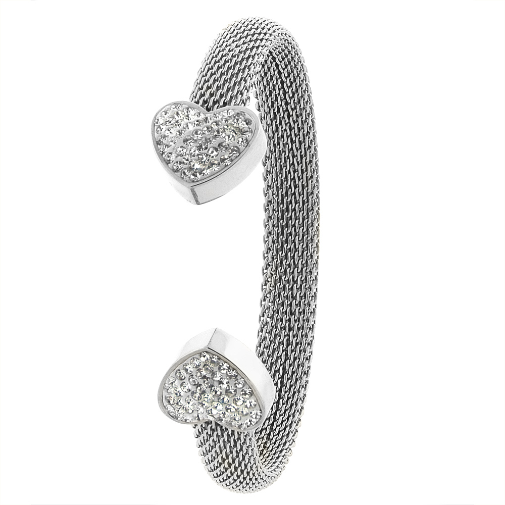 Stainless Steel Mesh Cuff Bracelet for Women CZ Heart Ends 8mm wide, fits 7 inch wrists