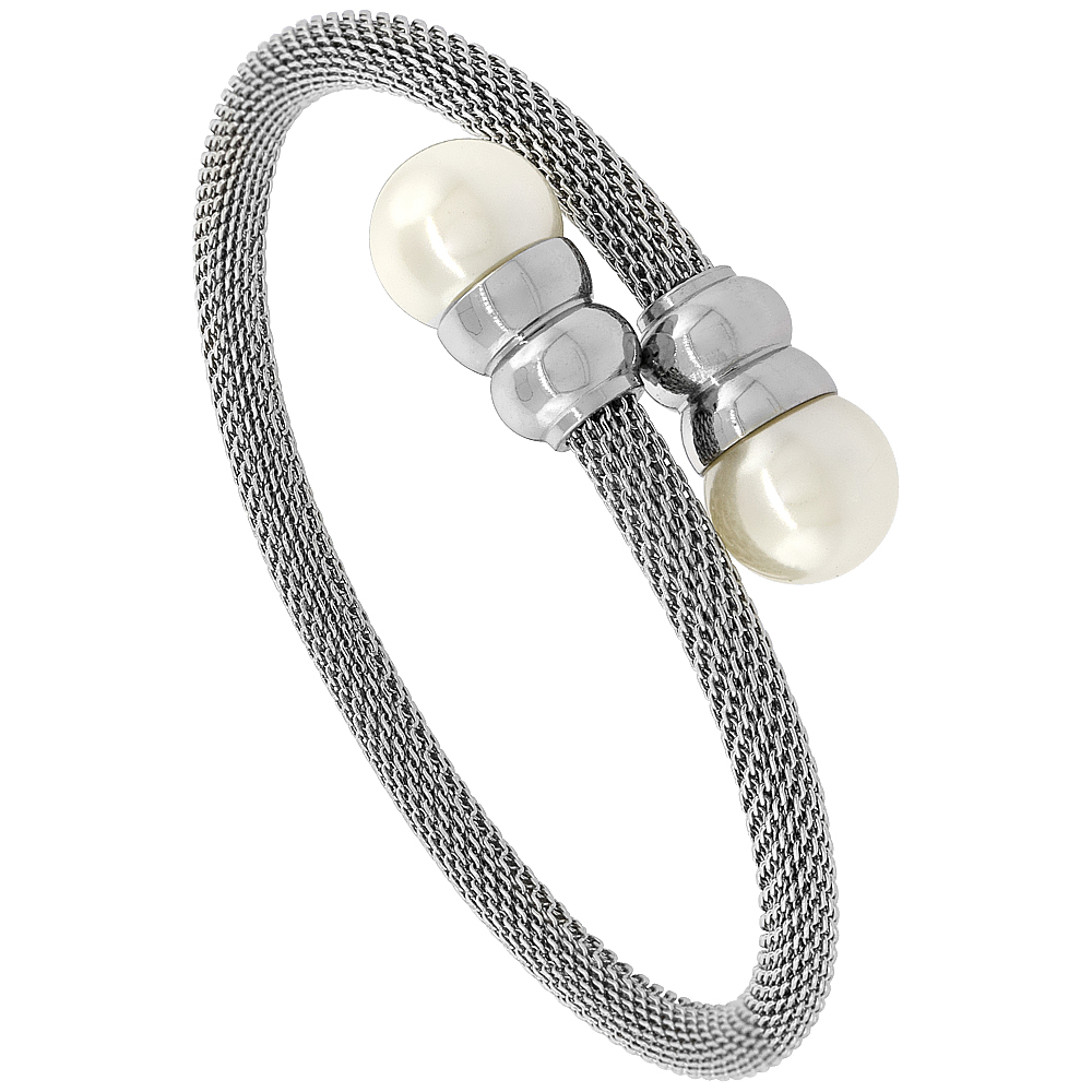 Stainless Steel Overlap Mesh Bracelet Faux Pearl Accents Polished Finish, 3/16 inch wide