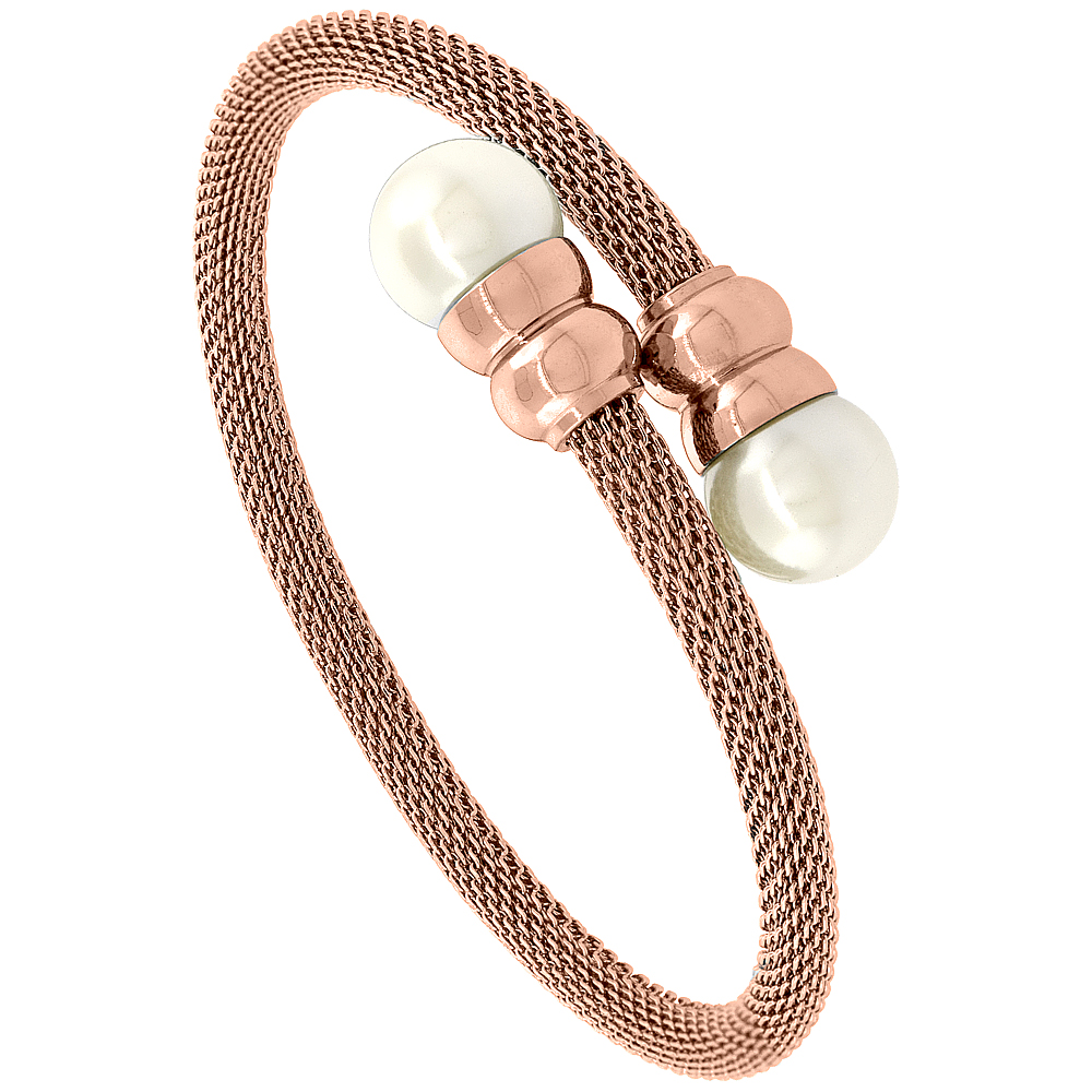 Stainless Steel Overlap Mesh Bracelet Faux Pearl Accents Rose Gold Plated, 3/16 inch wide