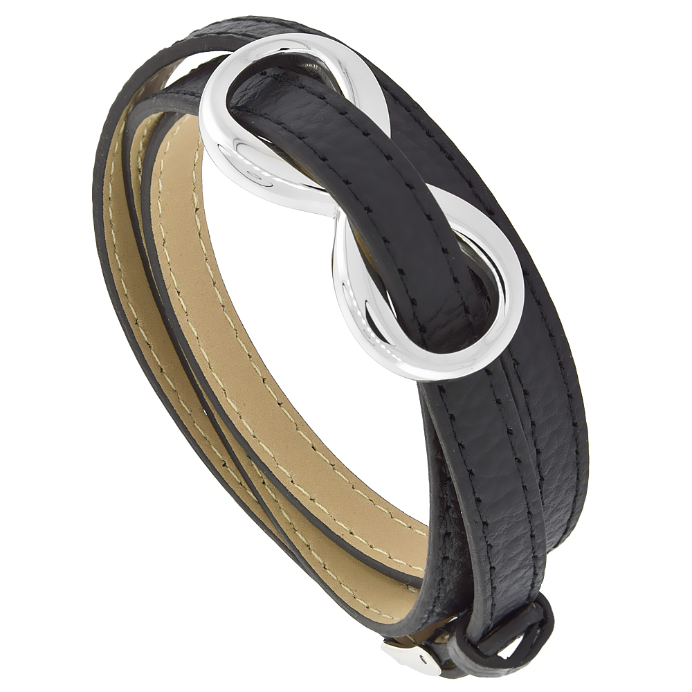 BLACK LEATHER BRACELET WRAP INFINITY STAINLESS STEEL BELT BUCKLE CLASP 8 MM FITS 7 INCH WRISTS