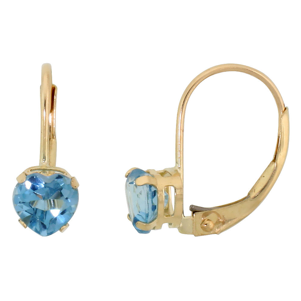 10K YELLOW GOLD NATURAL BLUE TOPAZ HEART LEVERBACK EARRINGS 5MM DECEMBER BIRTHSTONE, 9/16 INCH LONG