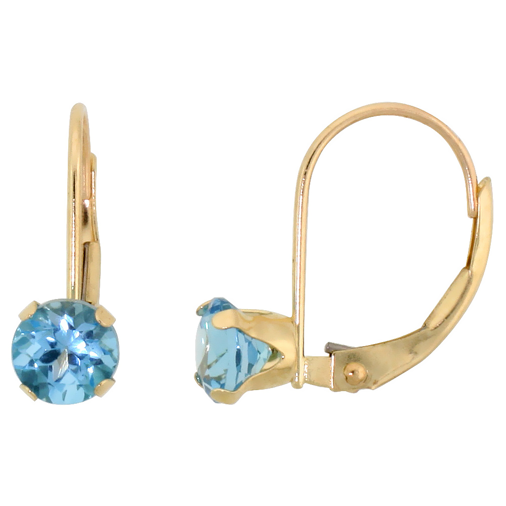 10K YELLOW GOLD NATURAL BLUE TOPAZ LEVERBACK EARRINGS 5MM BRILLIANT CUT DECEMBER BIRTHSTONE, 9/16 INCH LONG