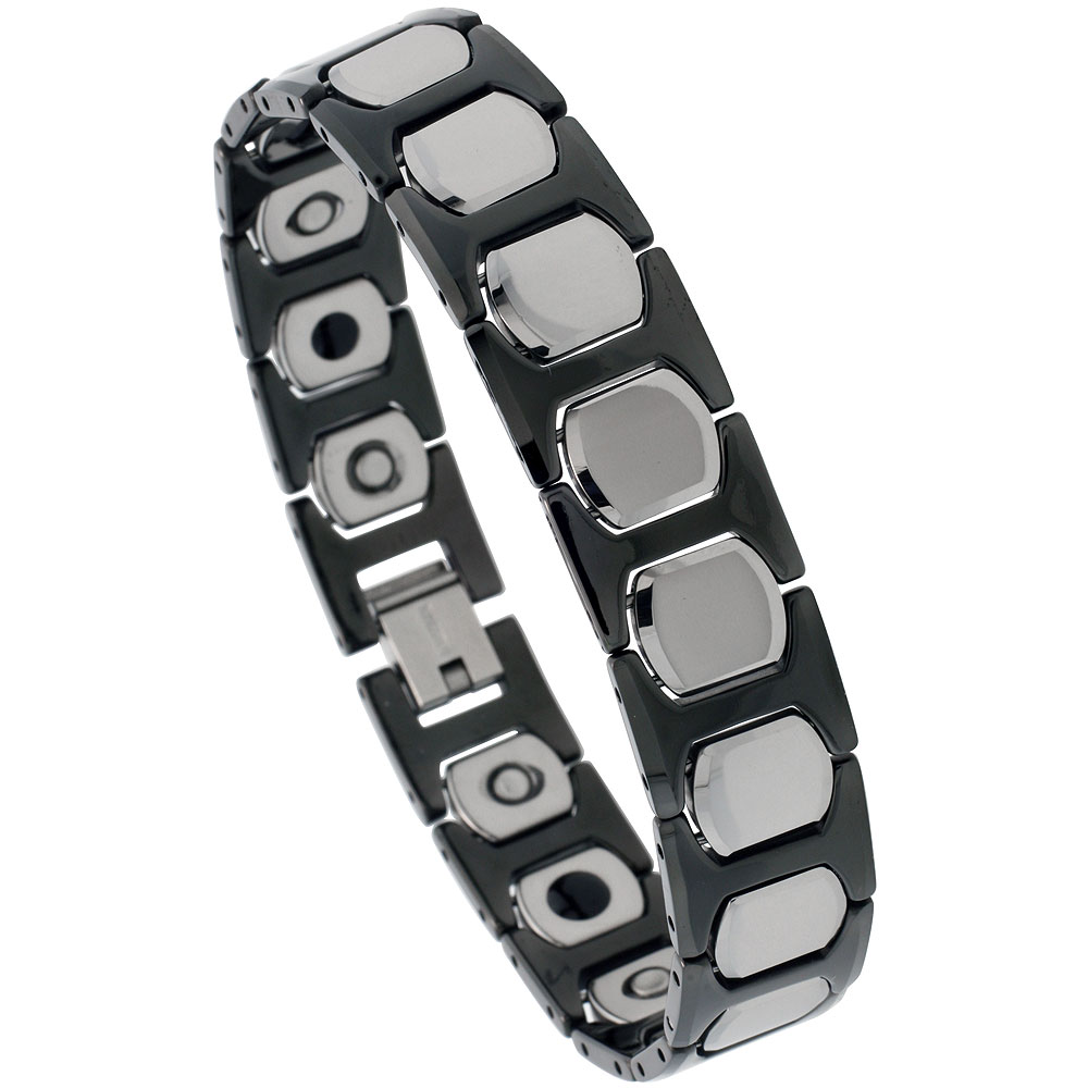 Tungsten & Ceramic Bracelet Magnetic Therapy, 2-Tone Black & Gun Metal, 1/2 inch wide, 