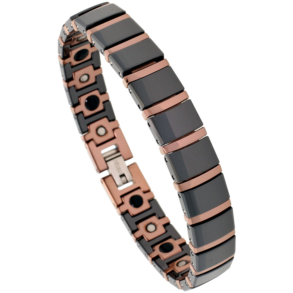 Tungsten &amp; Ceramic Bracelet Magnetic Therapy, 2-Tone Black &amp; Rose Gold Bar Links, 1/2 inch wide, 