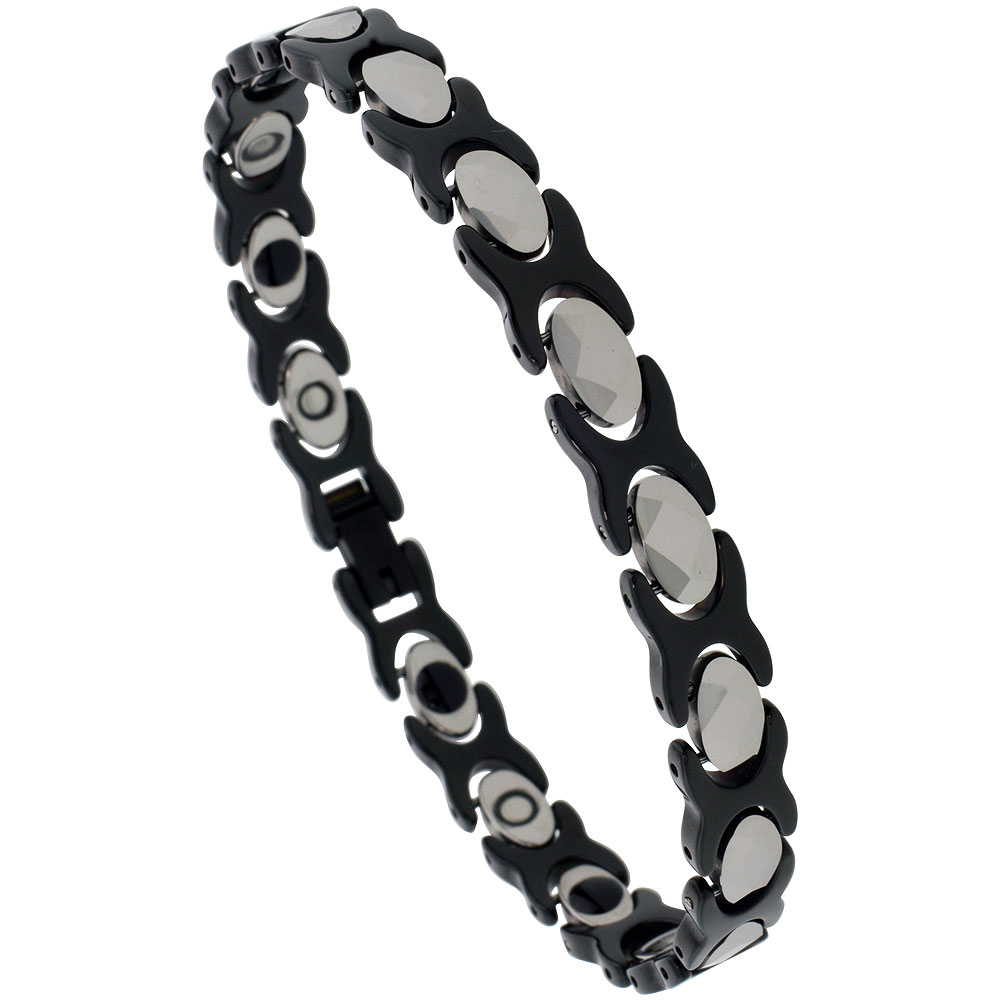 Tungsten &amp; Ceramic XOXO Hugs &amp; Kisses Bracelet Magnetic Therapy, 2-Tone Black &amp; Gun Metal Diamond-shaped Facets, 5/16 inch wide,