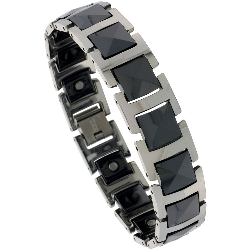 Tungsten &amp; Ceramic Bracelet Magnetic Therapy, 2-Tone Black Faceted Links, 7/16 inch wide, 