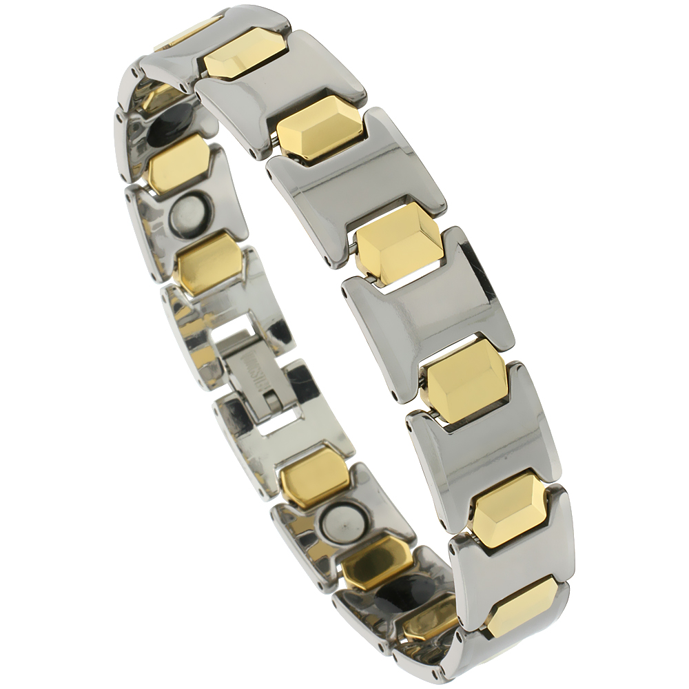 Tungsten Carbide Bracelet Magnetic Therapy, 2-Tone Gun Metal & Gold Bar Links, 1/2 inch wide,