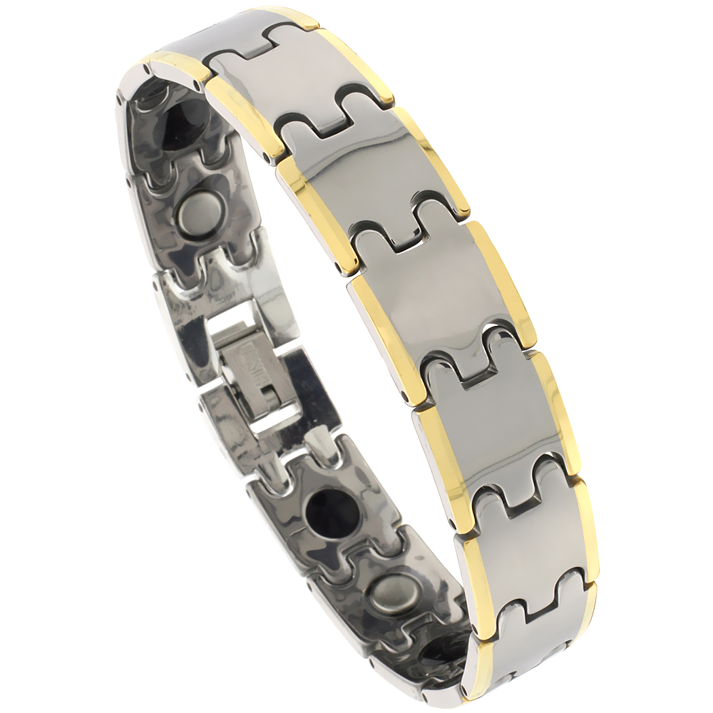 Tungsten Carbide Bracelet Magnetic Therapy, 2-Tone Gun Metal & Gold Bar Links, 1/2 inch (12.5 mm) wide,