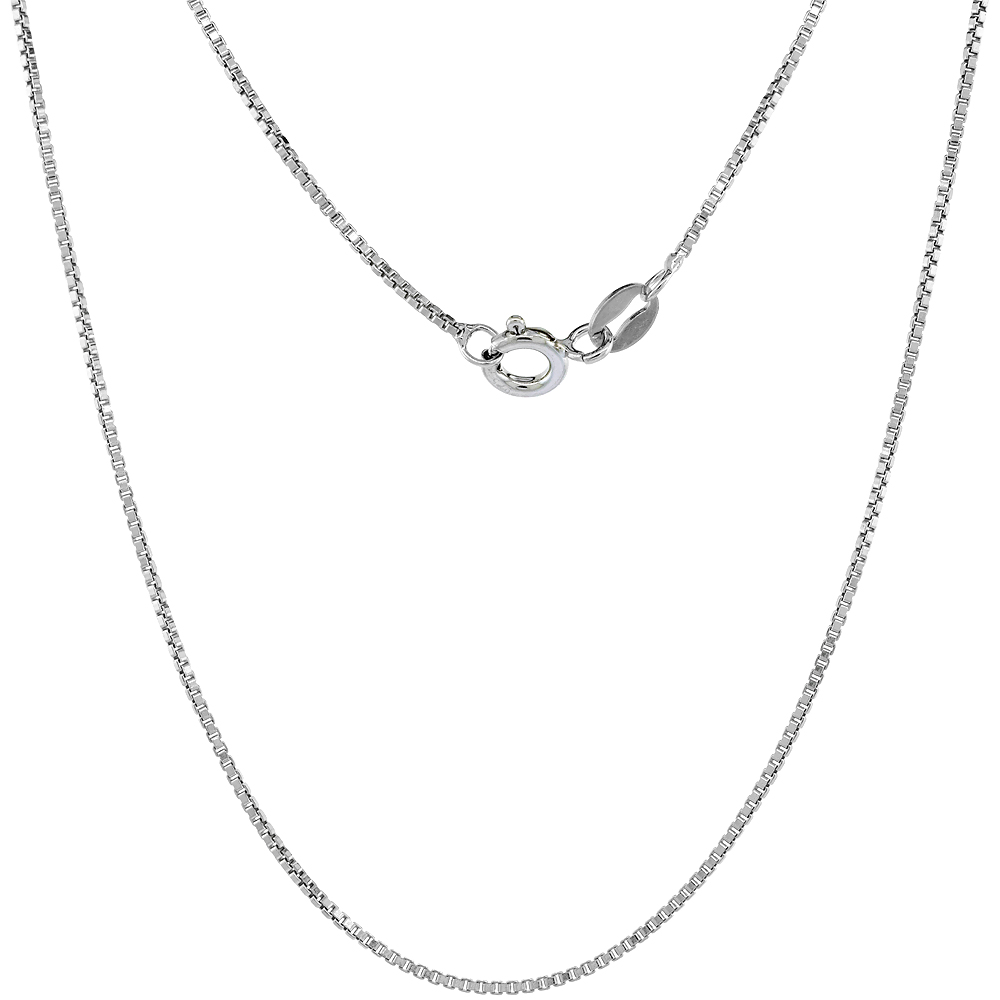 RHODIUM PLATED STERLING SILVER 1MM BOX CHAIN NECKLACE FOR MEN AND WOMEN NICKEL FREE ITALY 16-24 INCH SIZES