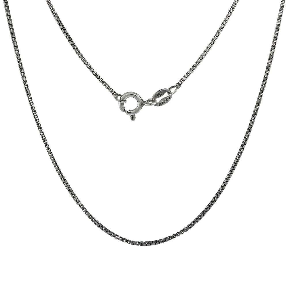 Sterling Silver Box Chain Necklace 1mm Antiqued Finish Nickel Free Italy, Sizes 16 & 18 inch