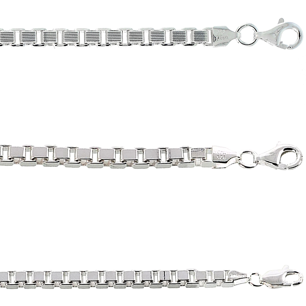 Sterling Silver BOX Chain Necklaces & Bracelets 3mm Square Cut Nickel Free Italy, sizes 7 - 30 inch