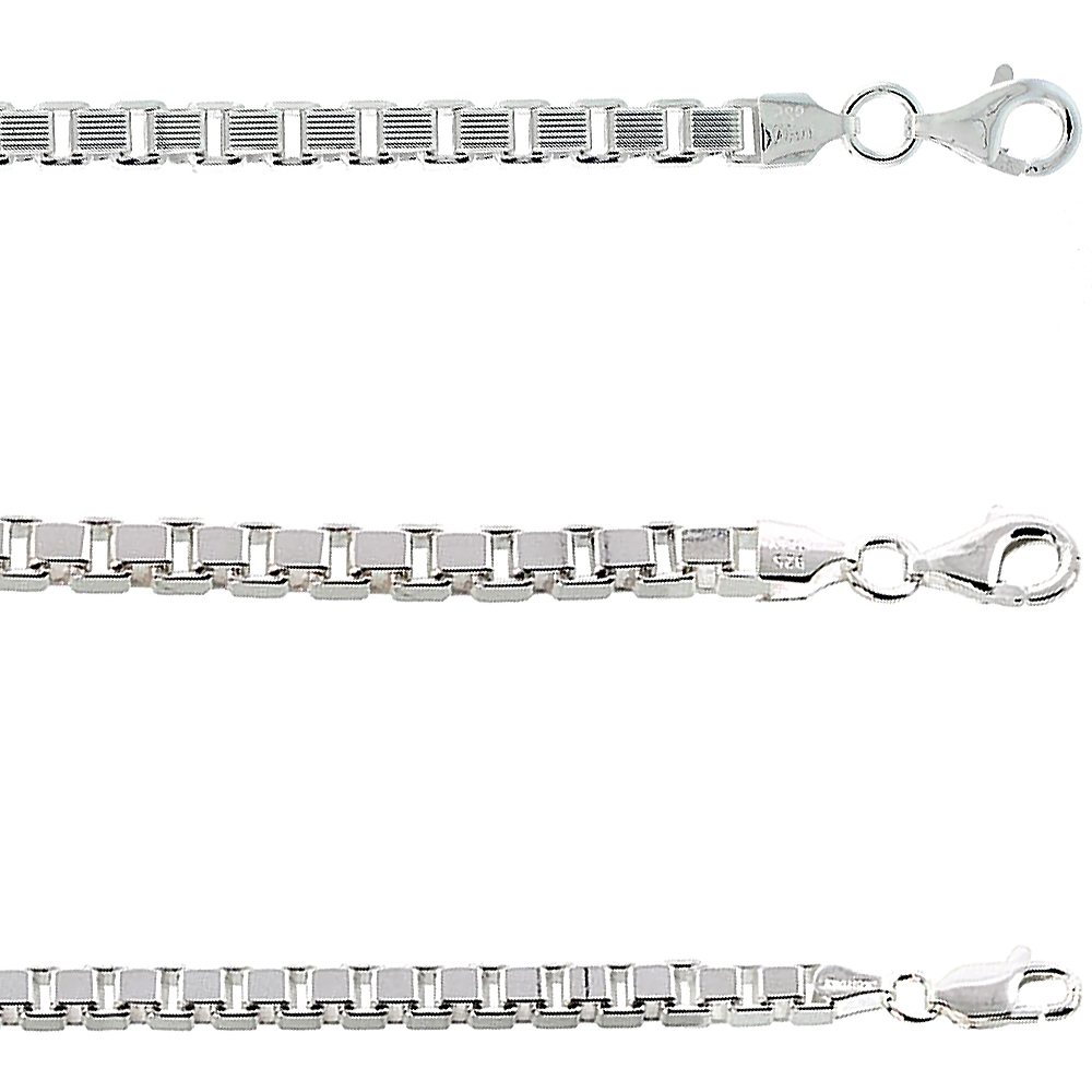 Sterling Silver BOX Chain Necklaces &amp; Bracelets 4.6mm Square Cut Nickel Free Italy, sizes 7 - 30 inch