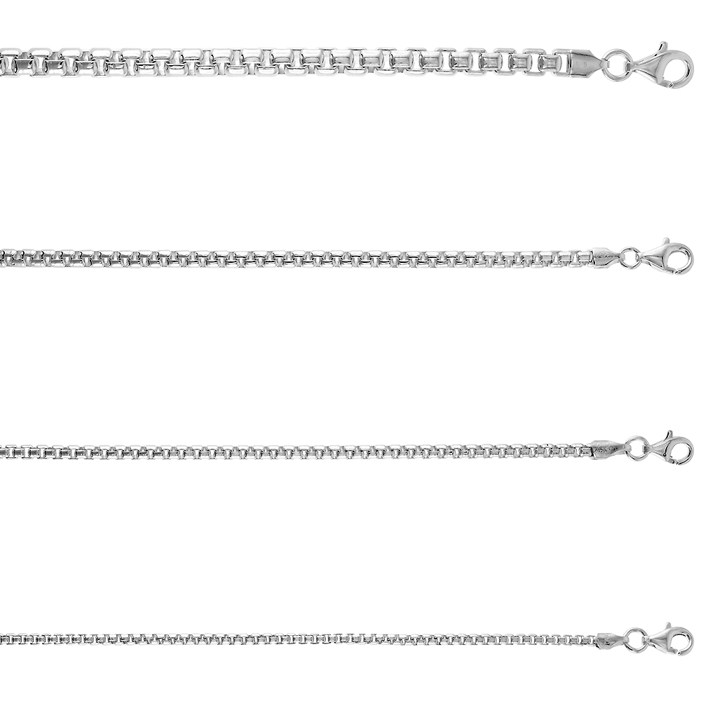 5mm Sterling Silver Round Box Chain Necklaces & Bracelets for Men Heavy Nickel Free Italy sizes 7 - 30 inch