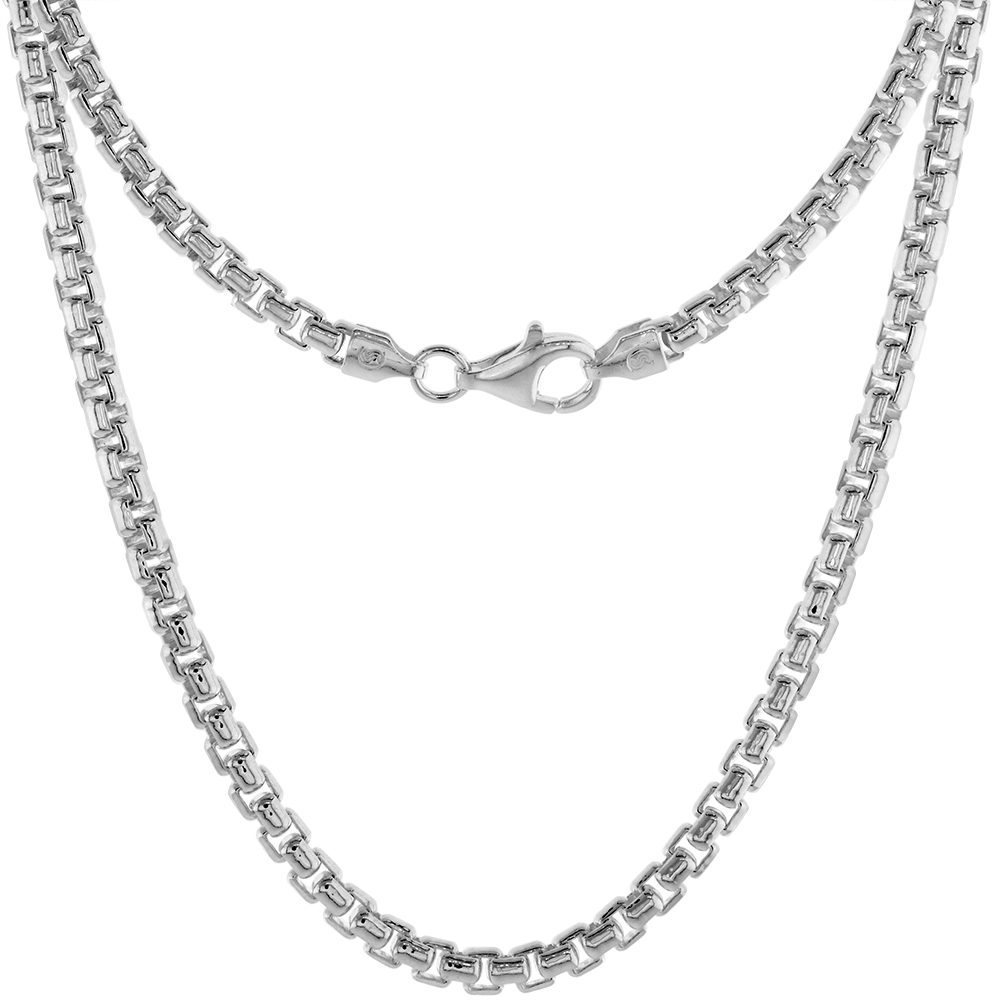 3.5MM STERLING SILVER ROUND BOX CHAIN NECKLACES & BRACELETS NICKEL FREE ITALY SIZES 7 - 30 INCH
