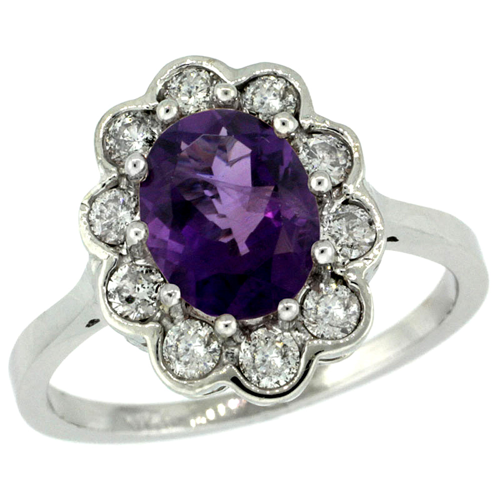 10K White Gold Halo Engagement Amethyst Engagement Ring Diamond Accents Oval 9x7mm, sizes 5 - 10