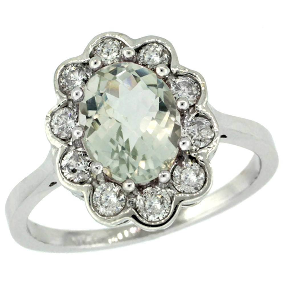 14k White Gold Halo Engagement Green Amethyst Engagement Ring Diamond Accents Oval 9x7mm, sizes 5 - 10
