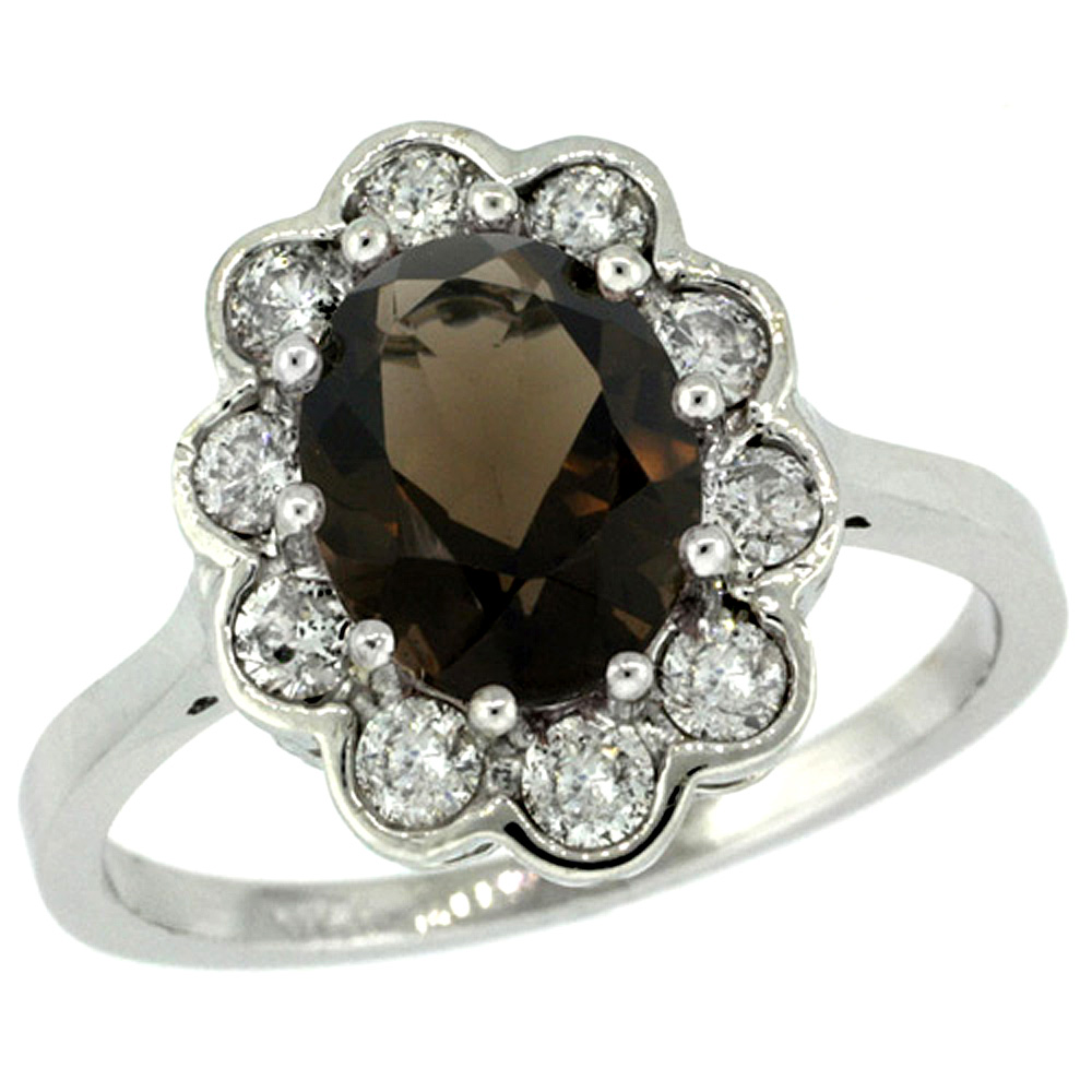 10K WHITE GOLD HALO ENGAGEMENT SMOKY TOPAZ ENGAGEMENT RING DIAMOND ACCENTS OVAL 9X7MM, SIZES 5 - 10
