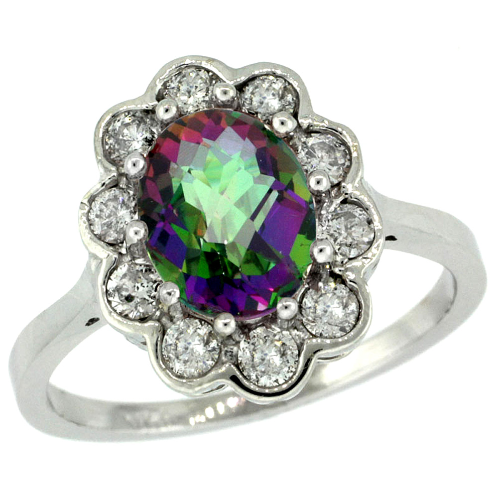 10K WHITE GOLD HALO ENGAGEMENT MYSTIC TOPAZ ENGAGEMENT RING DIAMOND ACCENTS OVAL 9X7MM, SIZES 5 - 10