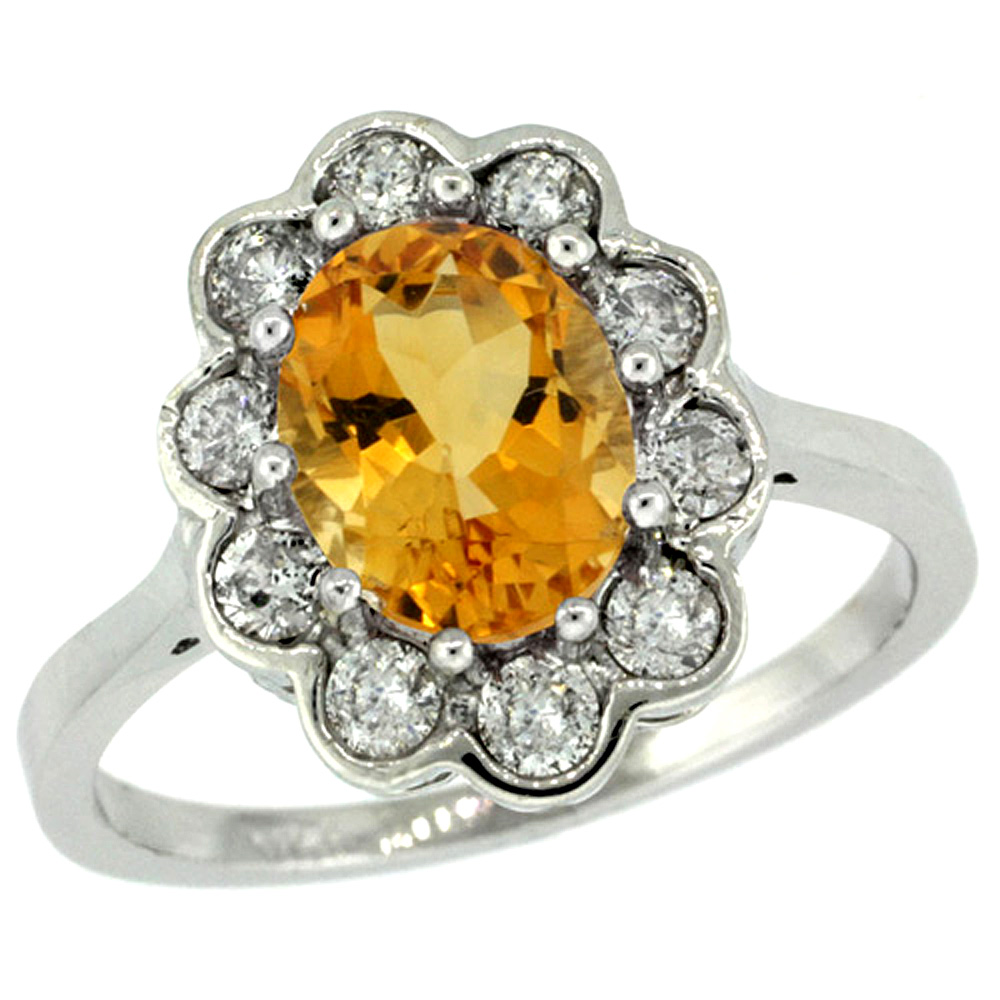14k White Gold Halo Engagement Citrine Engagement Ring Diamond Accents Oval 9x7mm, sizes 5 - 10