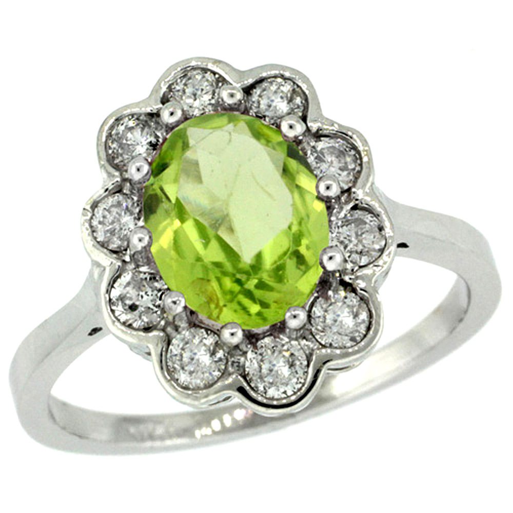 14k White Gold Halo Engagement Peridot Engagement Ring Diamond Accents Oval 9x7mm, sizes 5 - 10