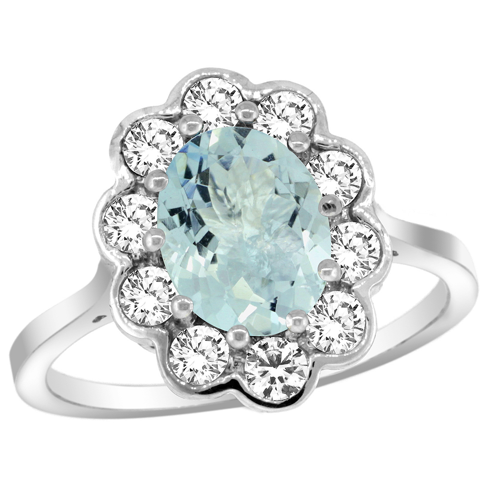 14k White Gold Halo Aquamarine Engagement Ring Diamond Accents Oval 9x7mm sizes 5-10