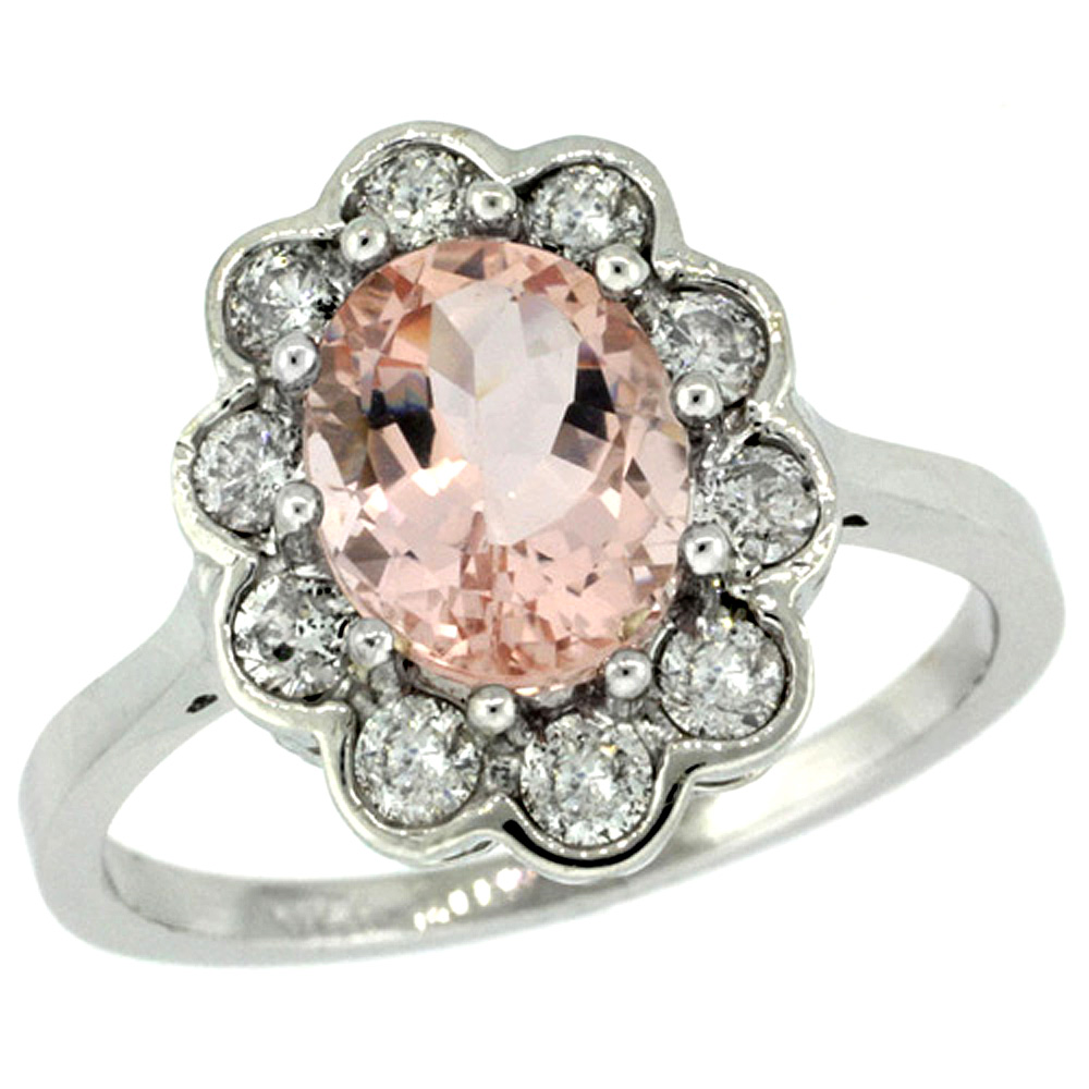 14k White Gold Halo Engagement Morganite Engagement Ring Diamond Accents Oval 9x7mm, sizes 5 - 10