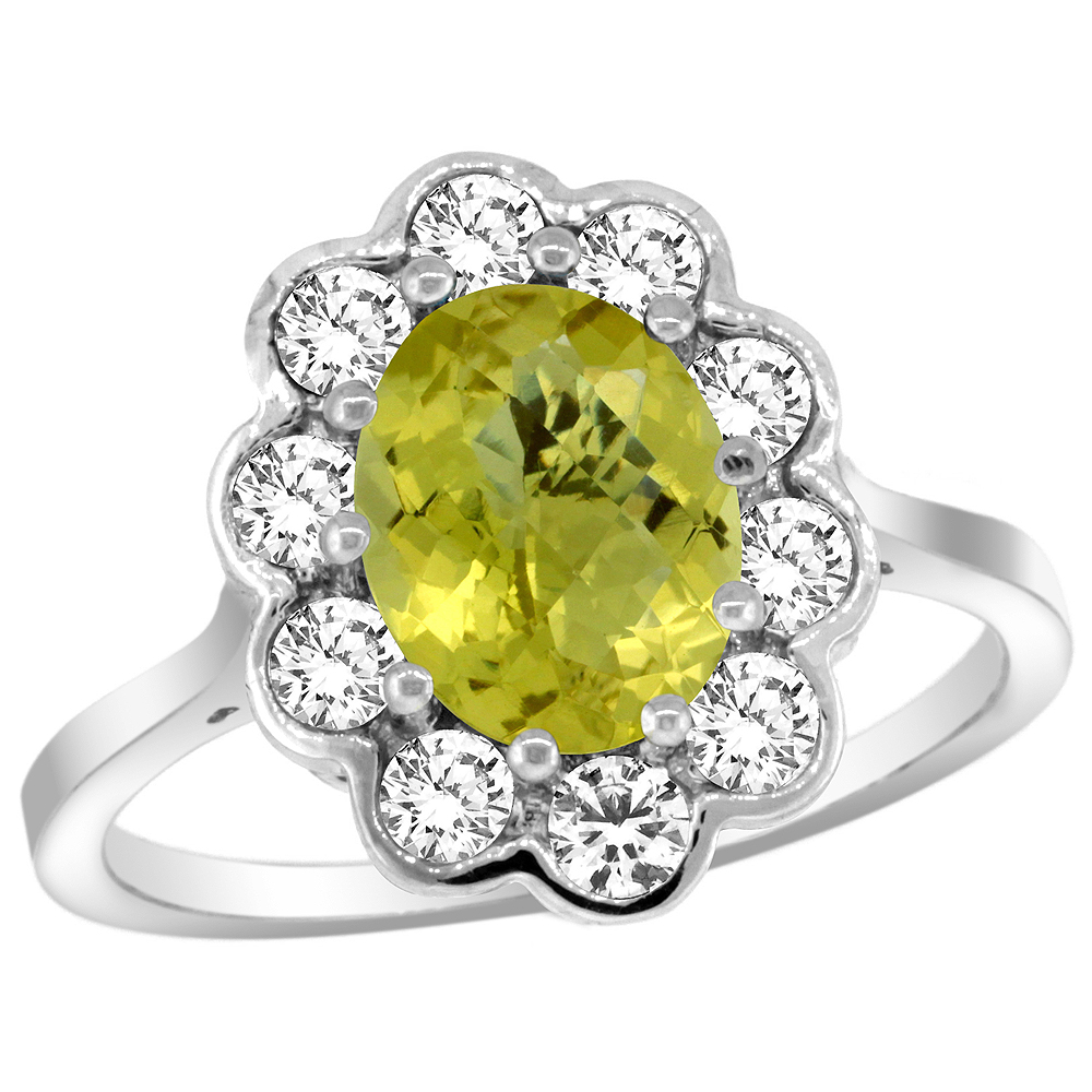 14K WHITE GOLD HALO LEMON QUARTZ ENGAGEMENT RING DIAMOND ACCENTS OVAL 9X7MM SIZES 5-10