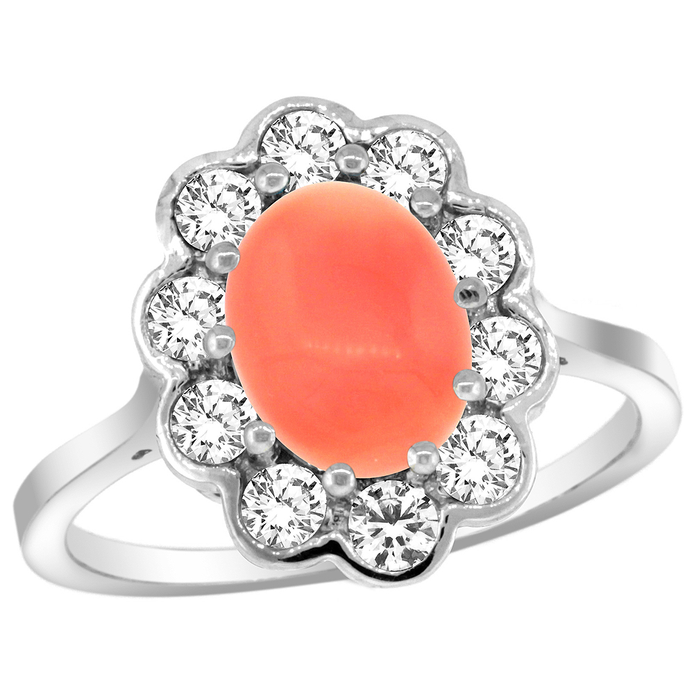 14K WHITE GOLD HALO CORAL ENGAGEMENT RING DIAMOND ACCENTS OVAL 9X7MM SIZES 5-10
