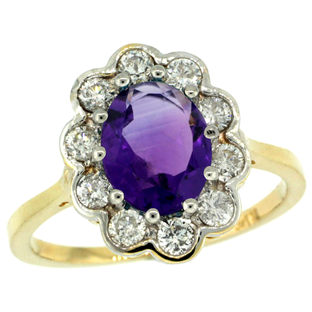 10K Yellow Gold Halo Engagement Amethyst Engagement Ring Diamond Accents Oval 9x7mm, sizes 5 - 10