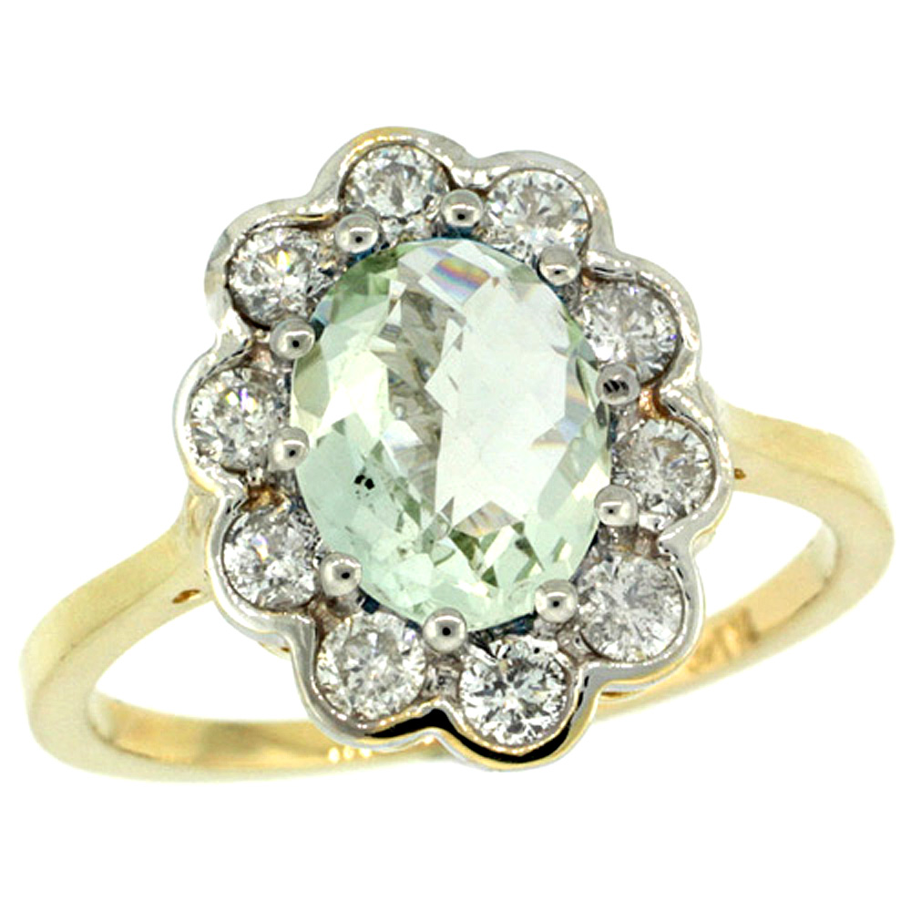 14k Yellow Gold Halo Engagement Green Amethyst Engagement Ring Diamond Accents Oval 9x7mm, sizes 5 - 10