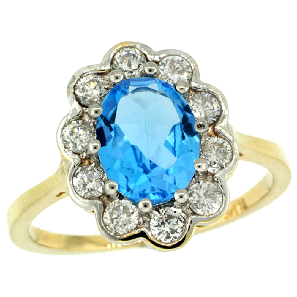 14k Yellow Gold Halo Engagement Swiss Blue Topaz Engagement Ring Diamond Accents Oval 9x7mm, sizes 5 - 10