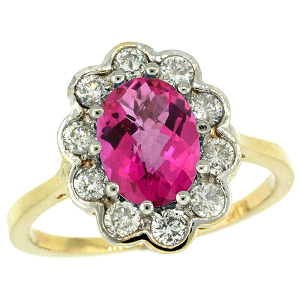 10K YELLOW GOLD HALO ENGAGEMENT PINK TOPAZ ENGAGEMENT RING DIAMOND ACCENTS OVAL 9X7MM, SIZES 5 - 10