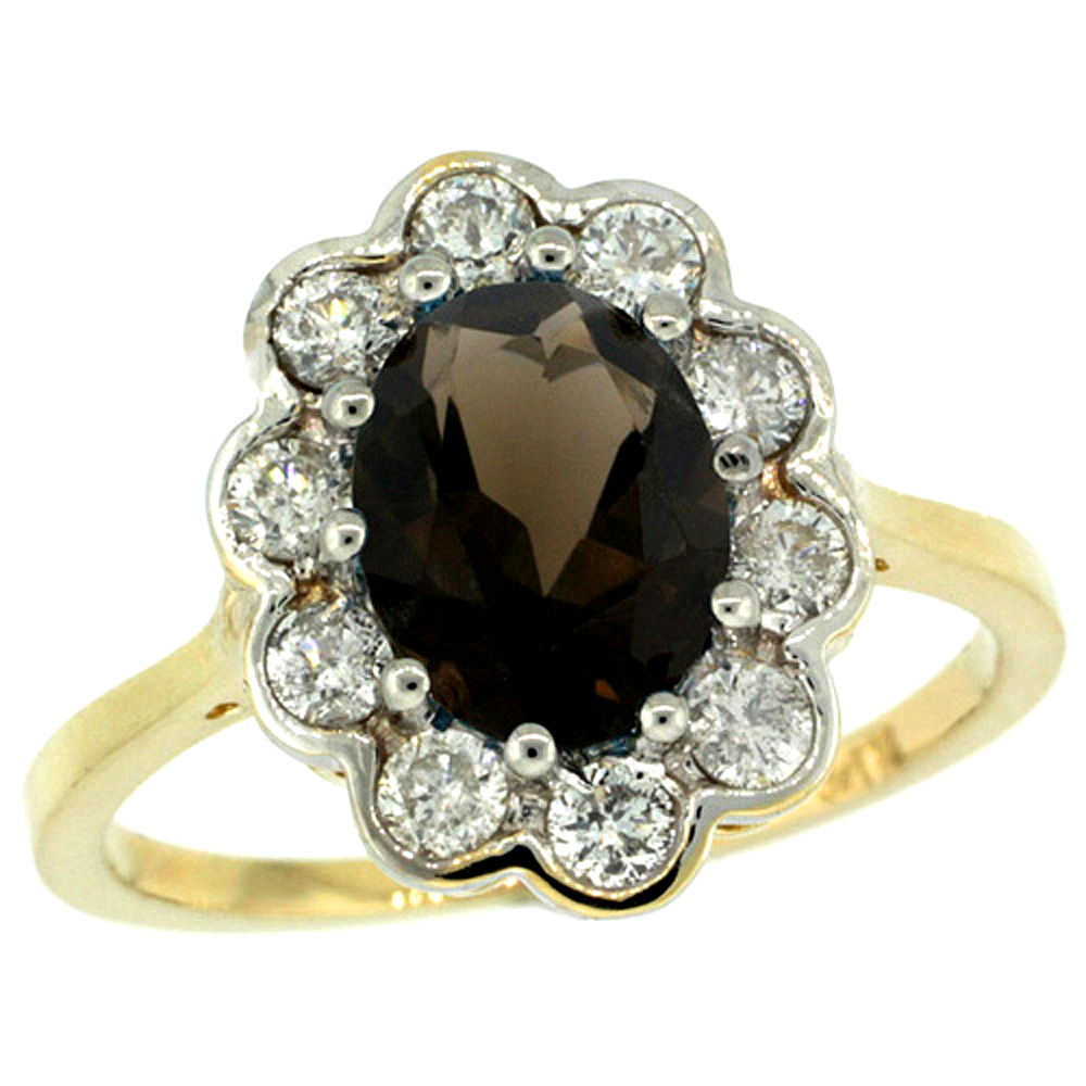 10K YELLOW GOLD HALO ENGAGEMENT SMOKY TOPAZ ENGAGEMENT RING DIAMOND ACCENTS OVAL 9X7MM, SIZES 5 - 10