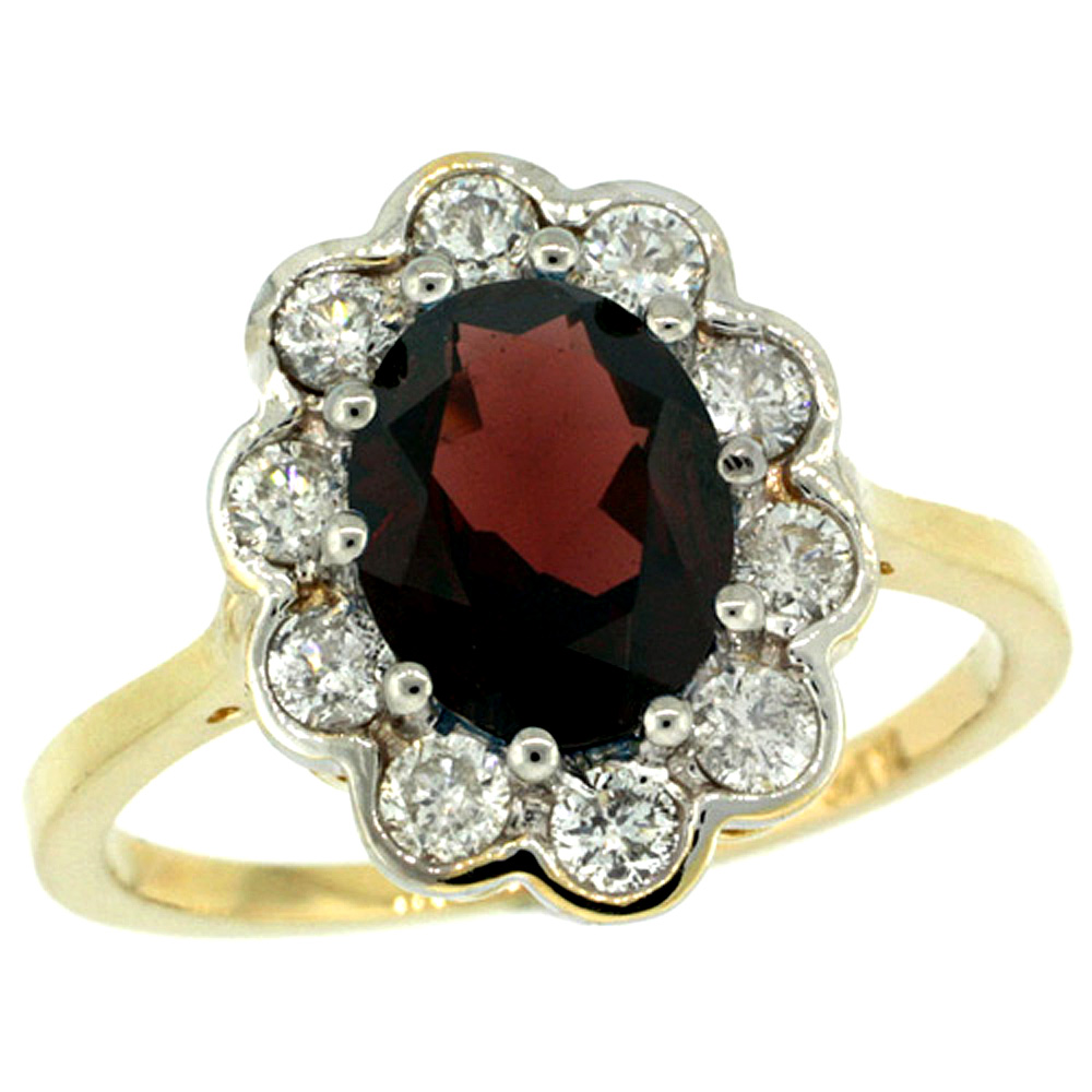 14k Yellow Gold Halo Garnet Engagement Ring Diamond Accents Oval 9x7mm sizes 5-10