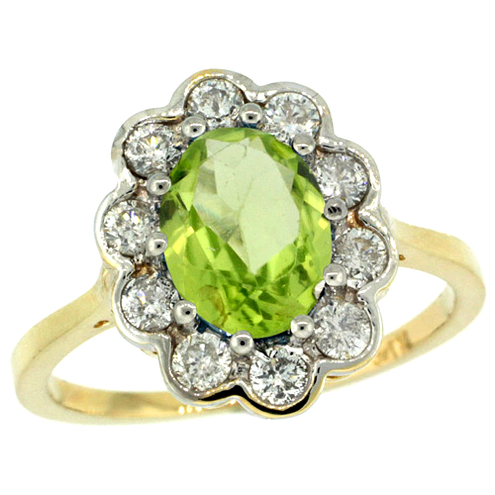 14k Yellow Gold Halo Engagement Peridot Engagement Ring Diamond Accents Oval 9x7mm, sizes 5 - 10