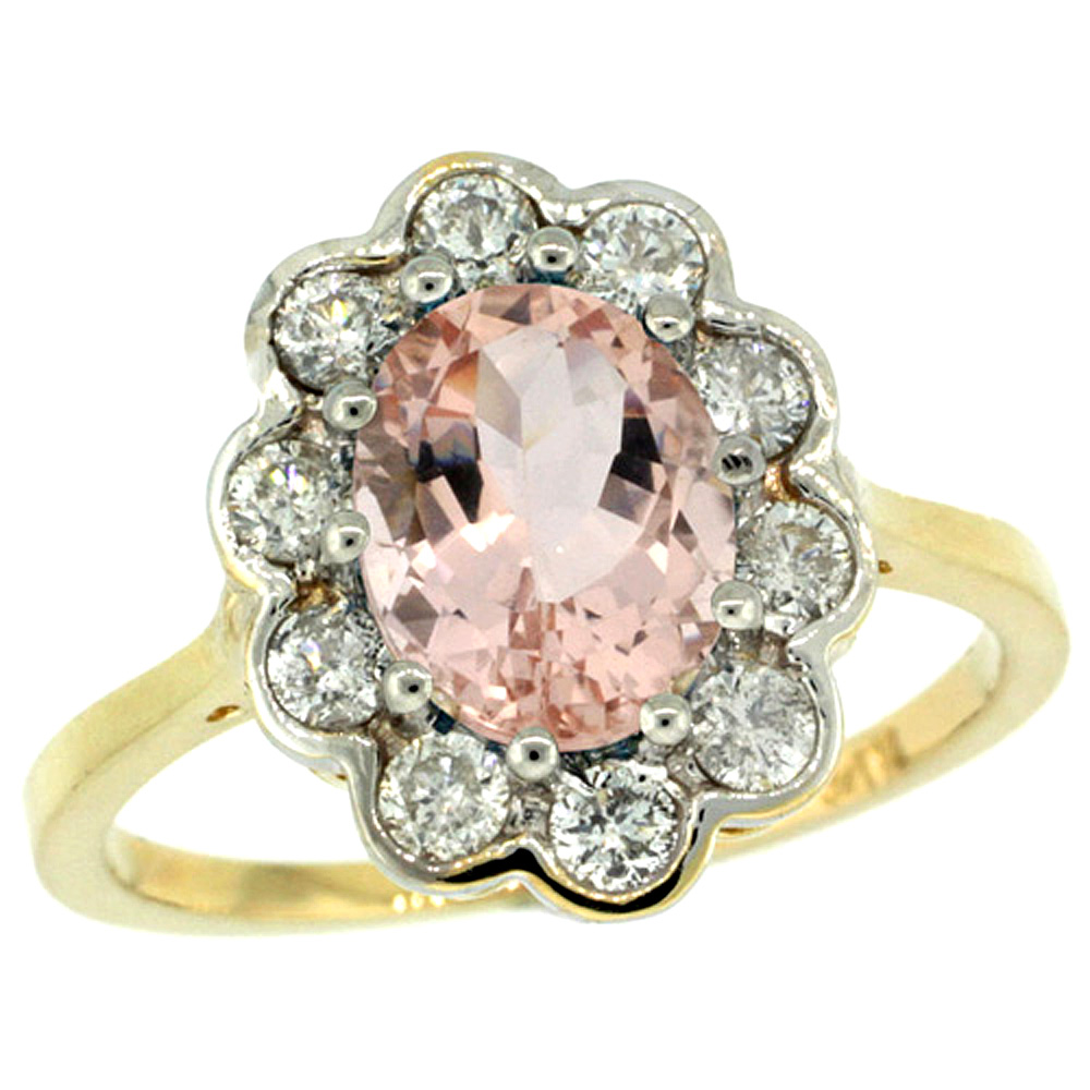 14k Yellow Gold Halo Engagement Morganite Engagement Ring Diamond Accents Oval 9x7mm, sizes 5 - 10