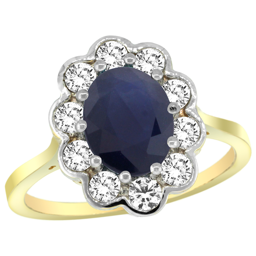 14K YELLOW GOLD HALO BLUE SAPPHIRE ENGAGEMENT RING DIAMOND ACCENTS OVAL 9X7MM SIZES 5-10
