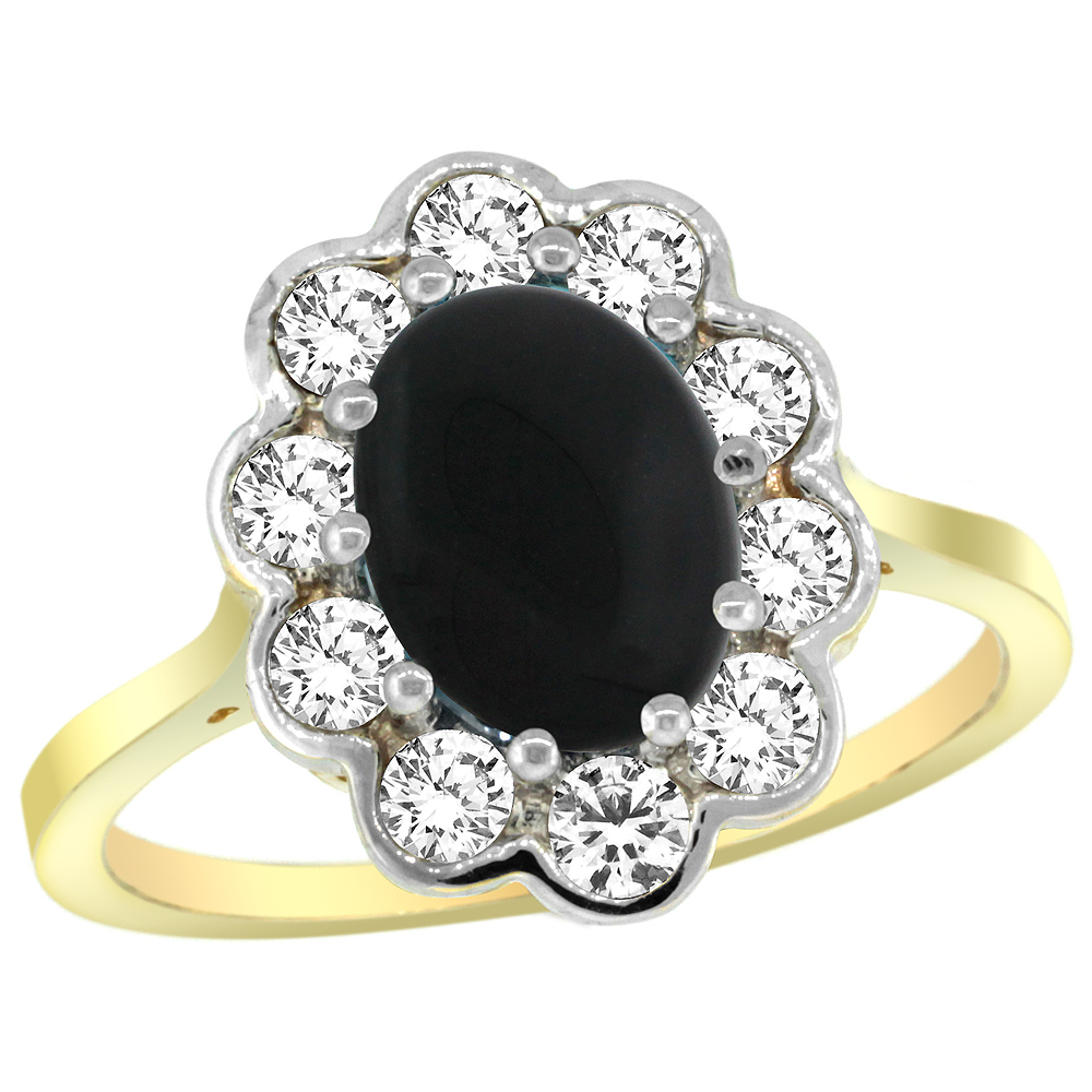 14k Yellow Gold Halo Black Onyx Engagement Ring Diamond Accents Oval 9x7mm sizes 5-10