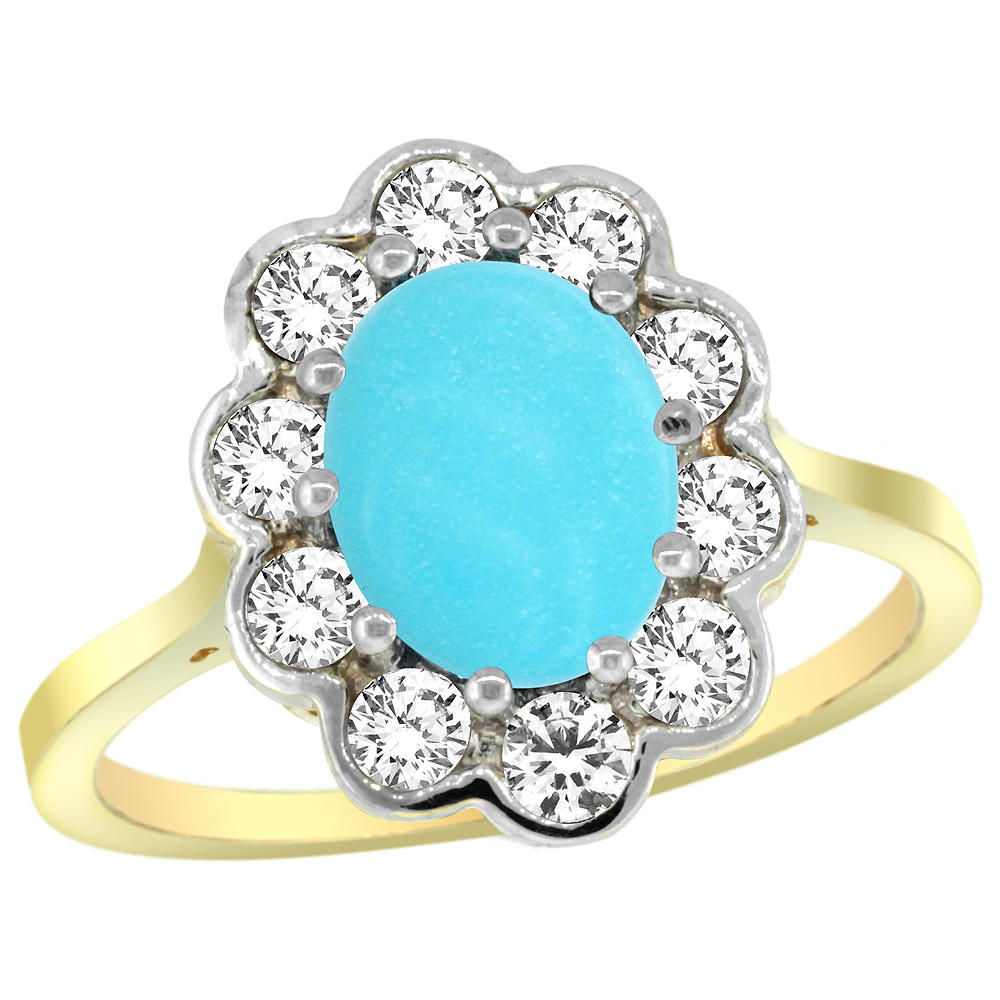 14K YELLOW GOLD HALO TURQUOISE ENGAGEMENT RING DIAMOND ACCENTS OVAL 9X7MM SIZES 5-10