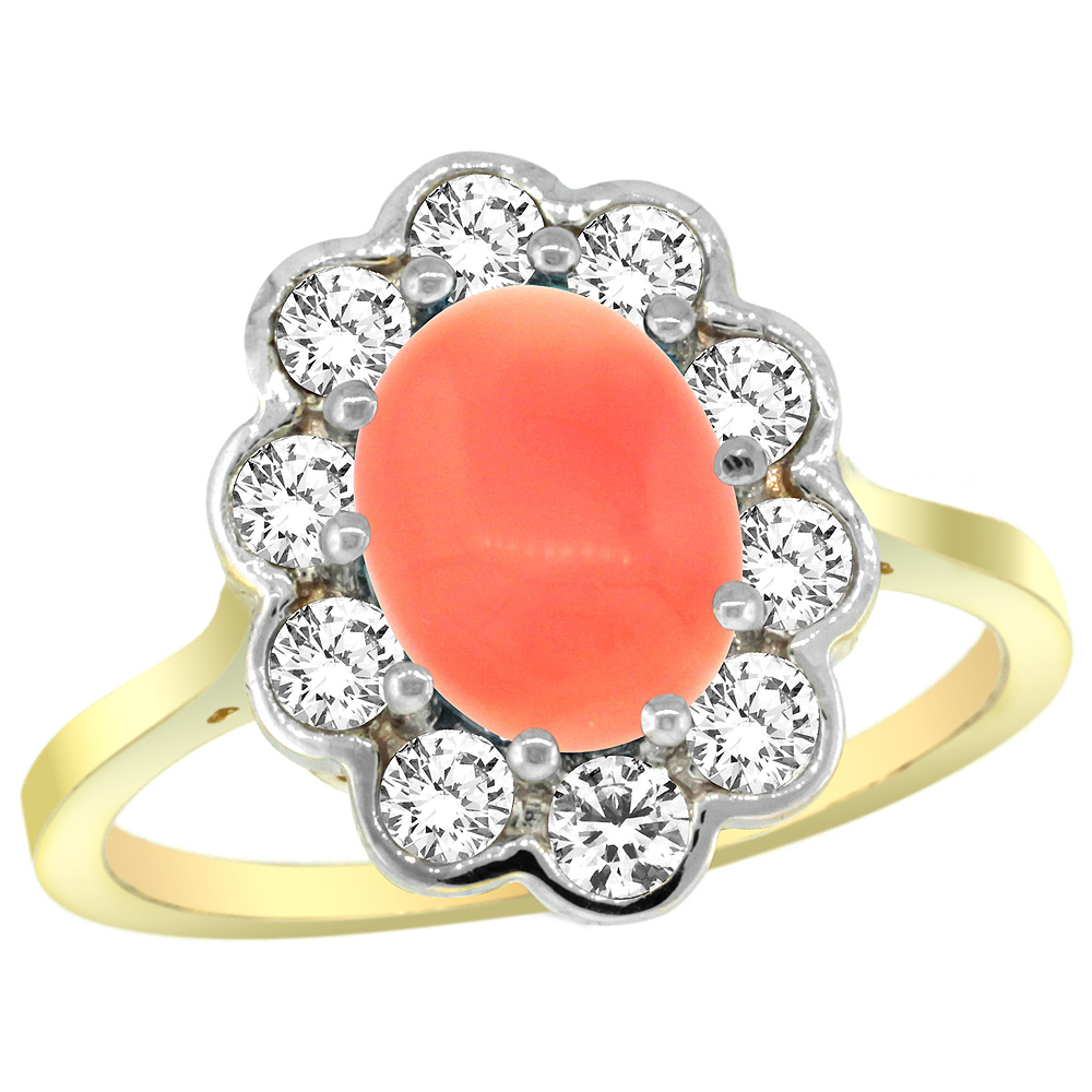 14K YELLOW GOLD HALO CORAL ENGAGEMENT RING DIAMOND ACCENTS OVAL 9X7MM SIZES 5-10