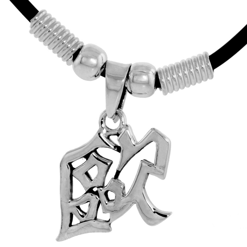 STERLING SILVER CHINESE CHARACTER PENDANT FOR "AUR", 3/4" (19 MM) TALL, W/ 18" RUBBER CORD NECKLACE