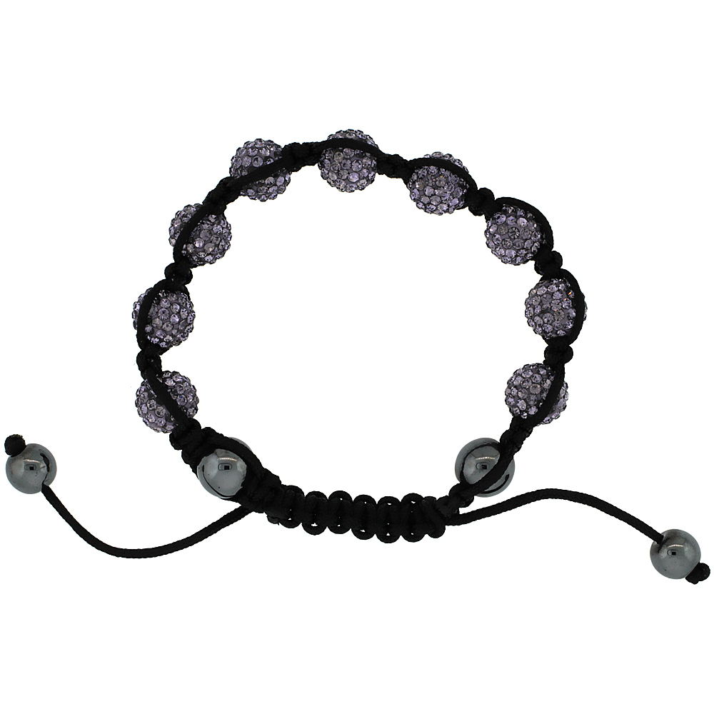 Light Purple Alexandrite Color Crystal Disco Ball Adjustable Unisex Macrame Bead Bracelet w/ Hematite Beads, 3/8 in. (10 mm) wide