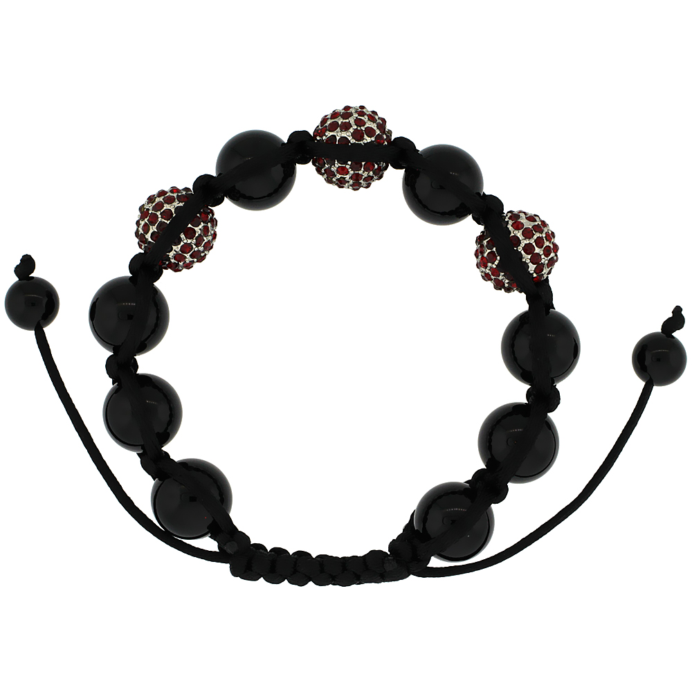 Red Color Crystal Disco Ball Adjustable Unisex Macrame Bead Bracelet w/ Hematite Beads, 1/2 in. (12.5 mm) wide