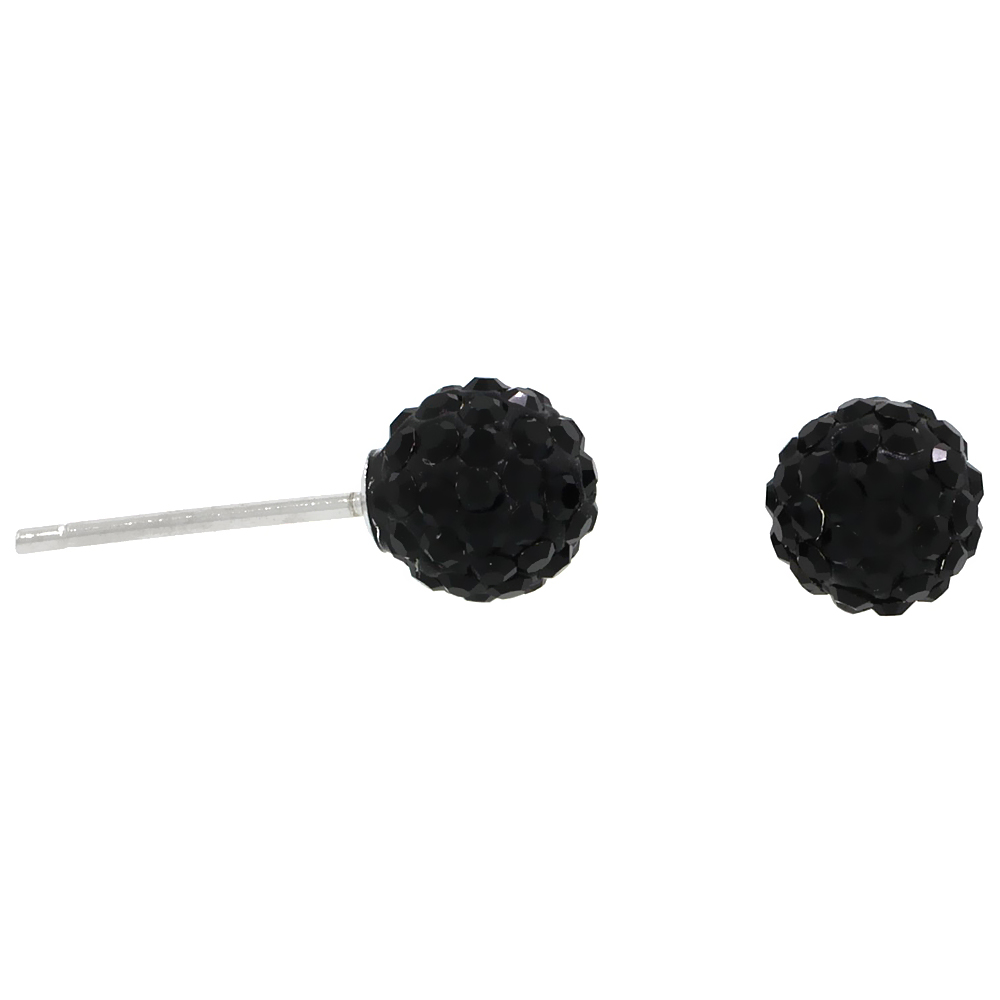 STERLING SILVER 6MM ROUND BLACK DISCO CRYSTAL BALL STUD EARRINGS