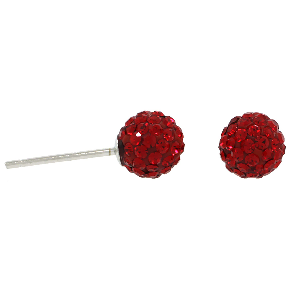 STERLING SILVER 6MM ROUND RED DISCO CRYSTAL BALL STUD EARRINGS