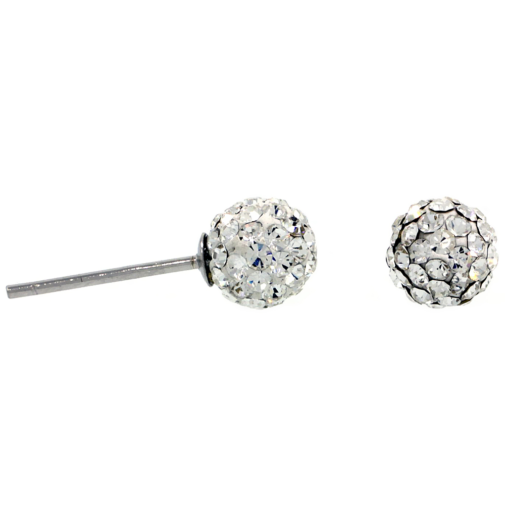 STERLING SILVER 6MM ROUND WHITE DISCO CRYSTAL BALL STUD EARRINGS