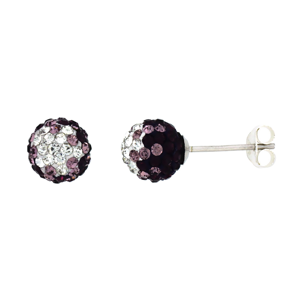STERLING SILVER CRYSTAL DISCO BALL STUD EARRINGS 8MM ROUND CLEAR & PURPLE-FUCHSIA COLOR